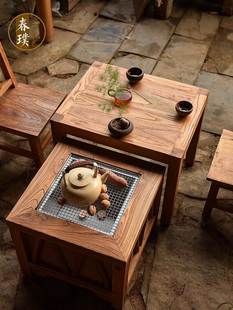 老榆木煮茶围炉桌实木，小茶桌日式火钵碳炉茶台原木茶几简约火锅桌