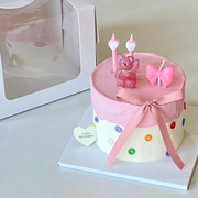 网红ins蛋糕装饰蝴蝶结小清新蛋糕粉色卡通小熊，彩色爱心蜡烛丝带