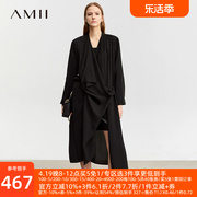 amii2024秋休闲荡领不规则，门襟长款外套，女雪纺长袖黑色上衣