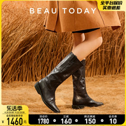 BeauToday秋季长筒靴女2024黑色皮靴女中筒厚底瘦瘦靴女真皮