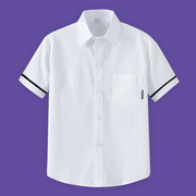 男童校服白色衬衫纯棉2021夏装薄款翻领袖口黑边，小学生半袖白衬衣(白衬衣)