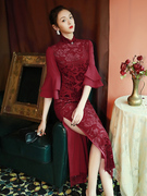 酒红色旗袍2022年气质，优雅长款复古中国风新娘，敬酒服连衣裙女