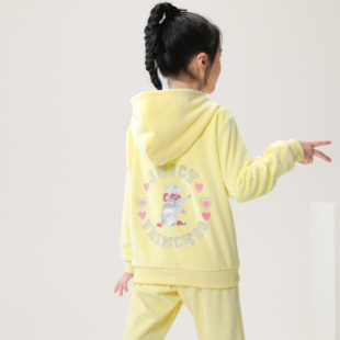 2023春秋女大童女孩宝宝休闲黄色天鹅绒套装时髦带钻两件套