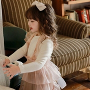 女童T恤韩国童装FLO2021冬季女宝宝蕾丝假两件背心裙摆加绒打底衫