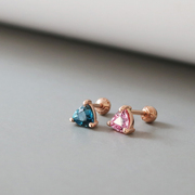 高级感~韩国纯14k金耳钉(金耳钉，)三角粉蓝镶嵌宝石，k玫瑰金色拧螺丝耳鼓钉