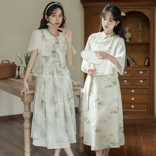 新中式民国风改良汉服元素连衣裙夏季小个子年轻款姐妹闺蜜套装女