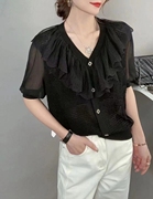 23夏季蕾丝花边娃娃领镂空女时尚针织衫短款纯色薄款短袖t恤