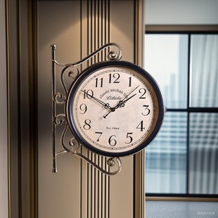 客厅挂钟简约复古双面钟表两面创意时钟挂墙静音美式艺术挂表装饰