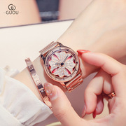 GUOU古欧手表 时尚潮流石英女表 大气水钻玫瑰金女士钢带腕表
