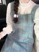 秋冬连衣裙湖蓝绿毛呢，格子口袋长款背带裙秋装，搭配一整套韩版