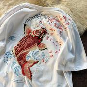 特大码300斤国潮刺绣鲤鱼短袖，t恤男女夏季宽松民族风上衣ins潮流