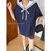 姜汁经典少女缪~学院，风可拆卸海军领长款短款短袖t恤