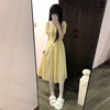 法式温柔风黄色连衣裙女夏季方领泡泡袖收腰显瘦减龄a字长裙