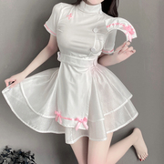 清纯白色短袖连体衣露背高腰蓬蓬裙短裙蝴蝶结可爱cosplay护士装