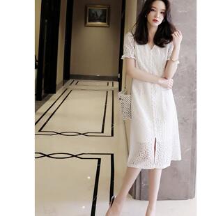 日系女装夏季纯棉蕾丝花朵刺绣连衣裙 法式V领气质白色中长裙