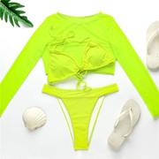 泳衣性感比基尼夜店gogo女荧光绿色透视罩衫泳装分体三件套装