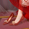 尖头婚鞋新娘鞋女2023年春季红色细跟高跟鞋，秀禾珠花伴娘鞋女