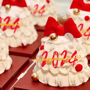 2024新年蛋糕装饰亚克力插件许愿树粉球跨年夜红色蝴蝶结蛋糕摆件