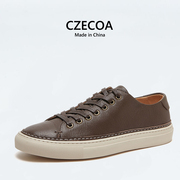 CZECOA潮流百搭欧洲站复古休闲鞋男平底系带低帮鞋柔软酷真皮板鞋