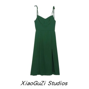 夏季绿色系带吊带连衣裙下摆开叉性感后背松紧腰抹胸度假旅游长裙