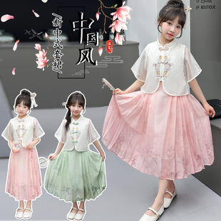 2024夏季女童套裙夏装中国风盘扣新中式刺绣竹节衬衫裙两件套