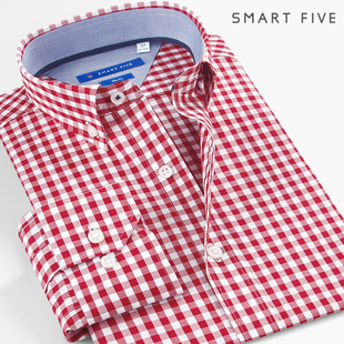 smartfive撞色修身红色格子衬衫，男长袖纯棉时尚青年美式休闲衬衣
