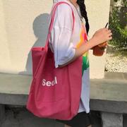 日韩风文艺包包粉色帆布包，女夏小众单肩包慵懒风玫红色手提帆布