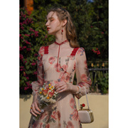 MQueen7折玫瑰复古宫廷风法式高级感印花连衣裙收腰长裙5500