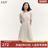 LILY2023秋女装时尚复古波点纯色短袖显瘦高腰度假风连衣裙