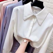 醋酸缎面长袖白色衬衫，女春季镶钻尖领气质职业，打底真丝衬衣上衣