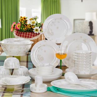 景德镇56头骨瓷餐具碗碟套装家用日式陶瓷吃饭碗盘子创意