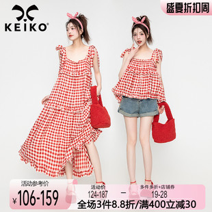 KEIKO 法式格纹吊带连衣裙2023夏海边度假风红色格子长裙大摆裙子