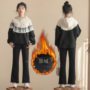 女童加绒套装2023冬装，韩版洋气时髦蕾丝，拼接卫衣运动裤两件套