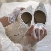 高级感十足米兔小姐2023香槟色婚鞋新娘鞋婚纱高跟鞋女