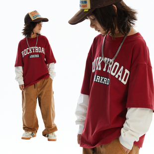 rockyroad童装美式男童长袖拼接套头，t恤痞帅红色假两件棉打底衫