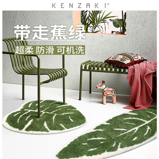 kenzaki健崎绿色叶子可机洗儿童，房吸水防滑茶几，卧室床边异形地毯