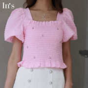 In's粉色泡泡袖衬衫2024夏季女法式一字肩甜美雪纺上衣4232373351
