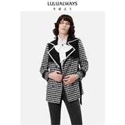 lulualways我爱露露秋季优雅设计感大翻领腰带显瘦黑色大衣