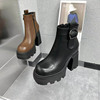 女靴2023秋冬水台厚底增高10cm真皮马丁靴，高跟粗跟短靴加绒