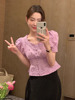 复古紫色短款泡泡袖衬衫女夏季韩版设计感小众蕾丝拼接上衣