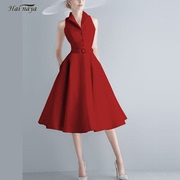 法式名媛气质红色大摆连衣裙，24夏装修身显瘦显白翻领中长伞裙