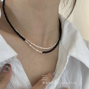 wandou原创设计纯银碎银子，黑玛瑙串珠，项链个性独特设计感锁骨链