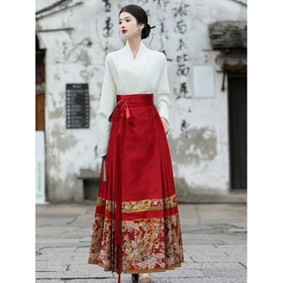 复古中国风女装优雅气质，中式白色上衣搭配马面，裙套装日常可穿秋冬