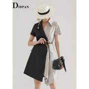 IDPAN女装夏季时尚个性理性感撞色围裹设计短袖连衣裙