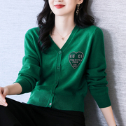 格妍萱绿色羊绒衫，女开衫2021年秋冬单排扣羊毛，针织衫短款外套