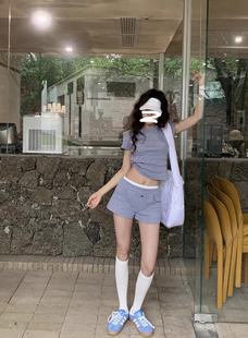HOLDER2024夏季韩版短款辣妹短袖t恤+高腰撞色短裤两件套装女