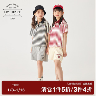日本livheart儿童条纹，polo领短袖t恤短裤，运动套装女大童夏季