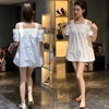韩版衬衫女2021夏洋气(夏洋气)露肩宽松显瘦减龄中长款娃娃服短袖上衣
