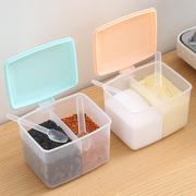 厨房双格调味盒塑料调料罐，一体式方形带勺调味品收纳盒烧烤佐料罐