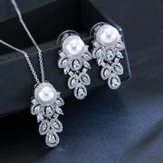 珍珠锆石项c链耳环新娘，纯银套装耳钉女礼服饰品韩版链925款镶